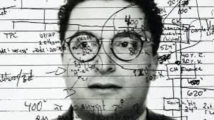 Inside the Trustor Scandal movie: Man with glasses overlaid by technical drawings, black and white photograph.
