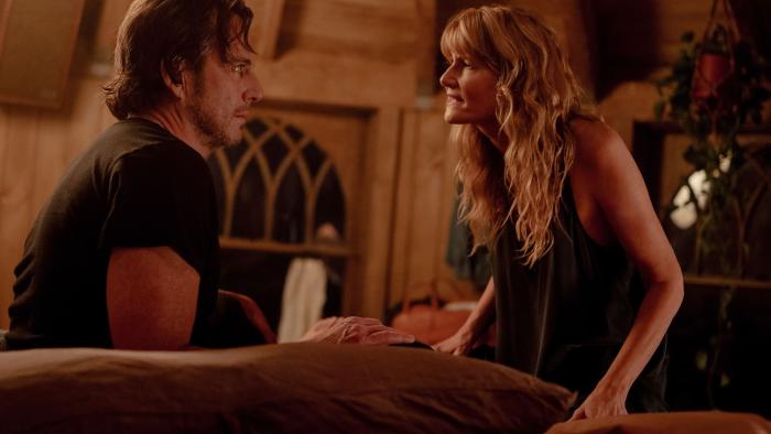 Is This Thing On? movie: Will Arnett and Laura Dern sit on a bed in an attic
