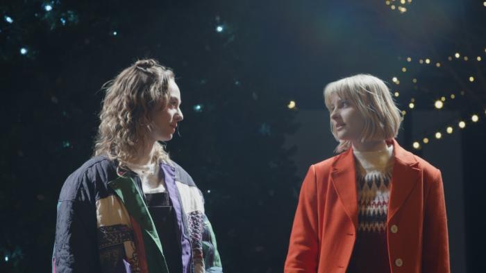 It's a Wonderful Knife Movie: Bernie Simon(left) tries to help Winnie Carruthers (Jane Widdop) get back to her own reality