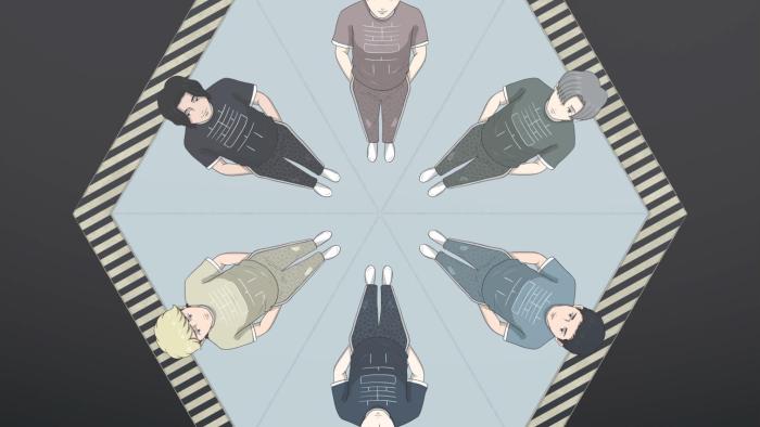 Jinsei movie: Six members of a boy band stand in a circle on a lit-up stage