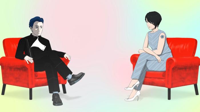 Jinsei movie: A former boy band singer turned actor sits on a couch in a colorful studio, chatting with his interviewer