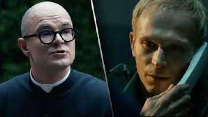 Johnny movie: split image with Father Jan and another man