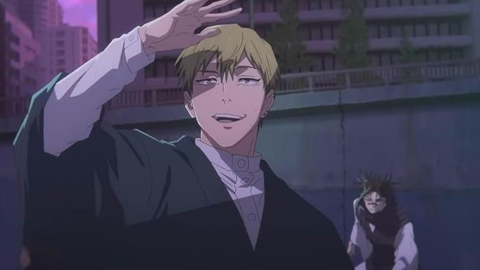Jujutsu Kaisen: Execution Movie: Naoya Zen'in speaks tauntingly to someone, with Choso in the distant background