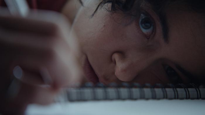 Keeper Movie: In an extreme close-up, Liz (Tatiana Maslany) rests her face on her spiral notebook, pen in hand