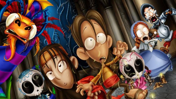 The Legend of La Nahuala: Animated characters including children and colorful creatures in a spooky stone corridor setting with skulls and armor.