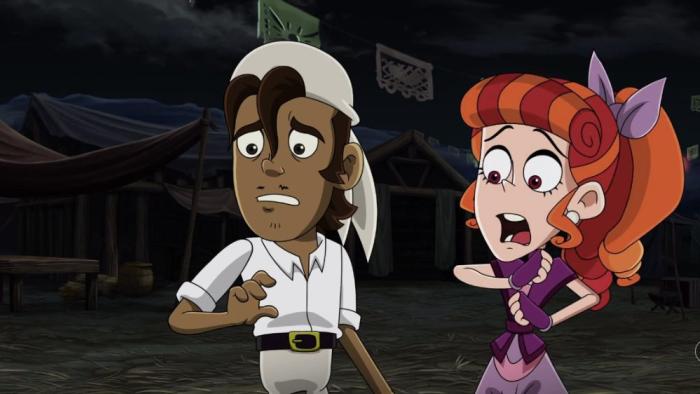 La Leyenda del Charro Negro: A Mexican boy and Mexican girl in what appears to be a nighttime scene with tents or structures in the background. 