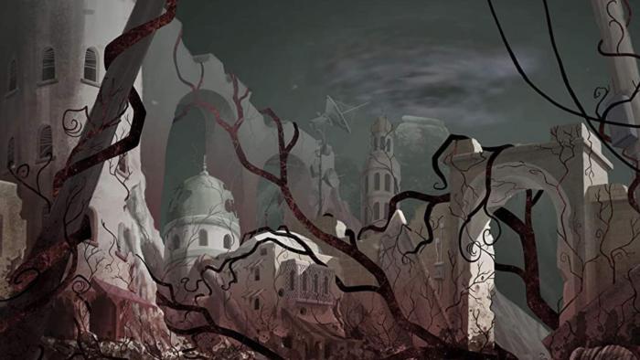 Still image from Lamya's poem featuring a dark scene with a building in ruins surrounded my a dark glowing vine creature wraping and breaking down the building