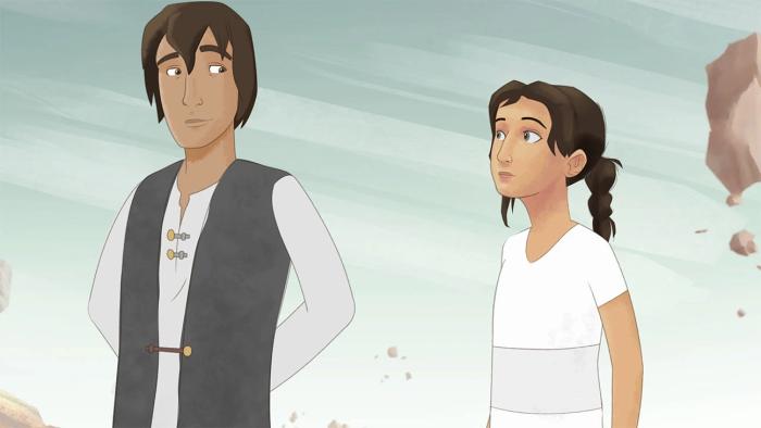 Lamya, a young Syrian girl wearing white stands next to Rumi, a young Syrian boy wearing a grey vest