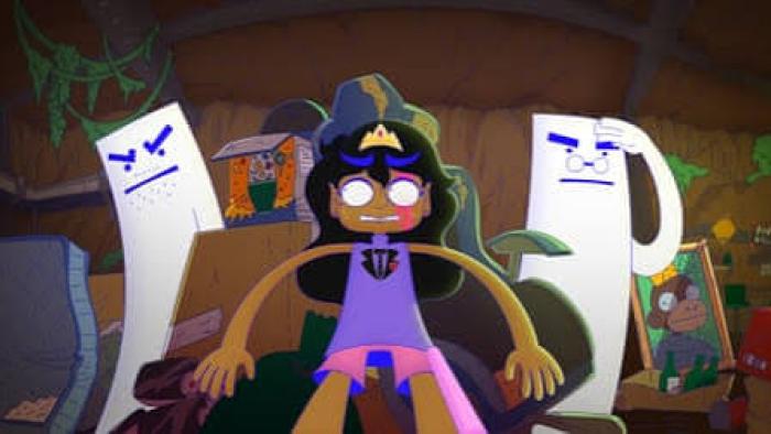 Lesbian Space Princess movie: Cartoon girl in a messy room with two animated angry papers.