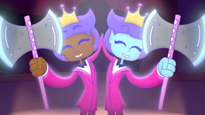 Lesbian Space Princess movie: Two smiling cartoon characters with axes and crowns, wearing matching pink outfits.