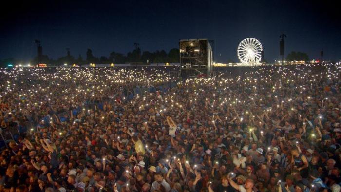 Liam Gallagher: Knebworth 22 -- a huge crowd is shown in a view from the stage