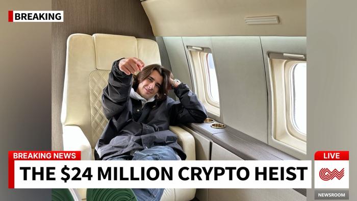 LifeHACK movie: Kyle (Georgie Farmer) poses looking cool on a private jet, captioned with the news-graphics headline "$24 million crypto heist"