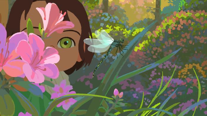 Little Amélie or the Character of Rain movie: Amélie peers through the flowers at a dragonfly
