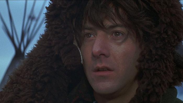Little Big Man: Close-up of Dustin Hoffman's face, animal hide draped over his head for warmth.