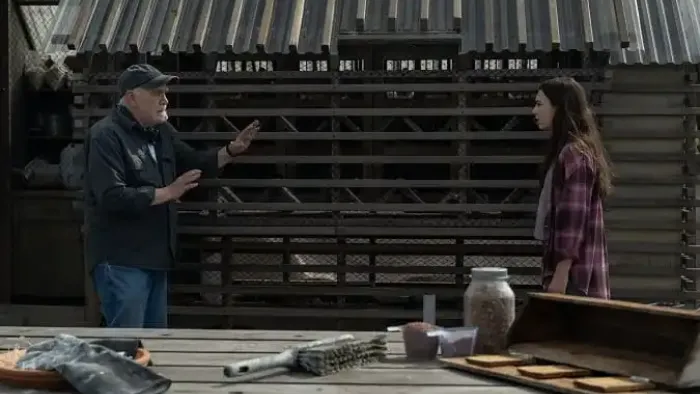 Little Wing: Brian Cox and Brooklynn Prince in front of a pigeon coop.