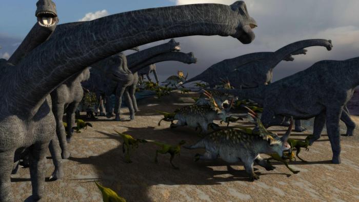 Lone Pup: Large dinosaurs with long necks stand beside other dinosaurs. 