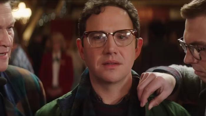 Lost & Found in Cleveland movie: Santino Fontana looks nervous as he's being mic'ed up by two other people