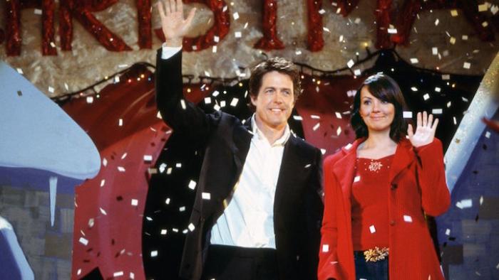 Love, Actually Movie: Hugh Grant and Martine McCutcheon on stage with confetti in the air
