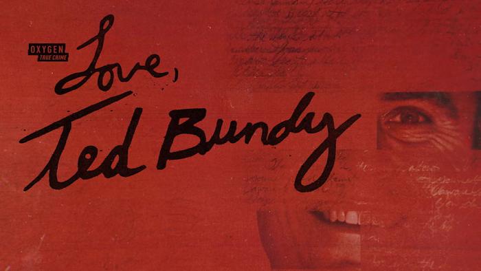 Love, Ted Bundy movie: handwritten cursive words ‘Love, Ted Bundy’ on a red background with Ted Bundy’s face smiling