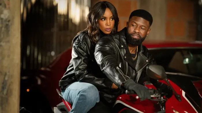 Mea Culpa: Kelly Rowland and Trevante Rhodes on a motorcycle.