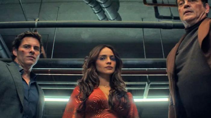 Mike & Nick & Nick & Alice: James Marsden, Eiza Gonzalez, Vince Vaughn in a parking garage.