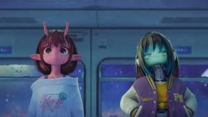Milky Way Movie: Cartoon characters on a train, one with pink skin, the other with teal hair, both standing.