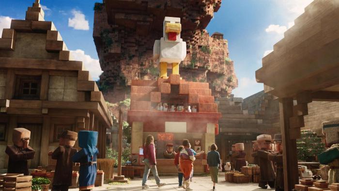 A Minecraft Movie: The human characters walk around a Minecraft town
