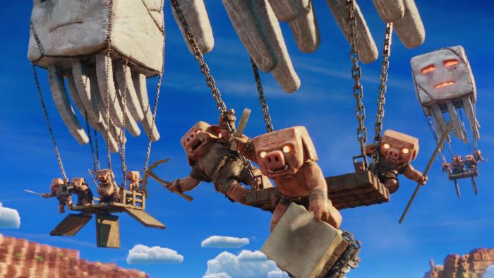 A Minecraft Movie: Evil-looking pigs holding weapons cling to flying machines