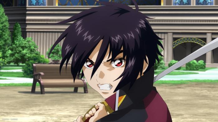 Mobile Suit Gundam SEED FREEDOM movie: Japanese man center swings sword behind him during a fight in a courtyard