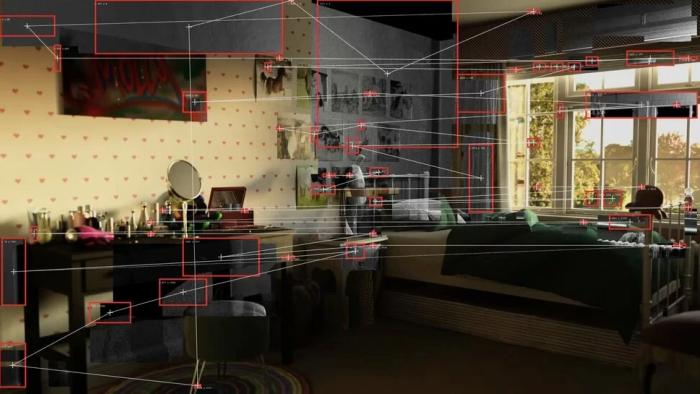 Molly vs the Machines: Molly's bedroom is shown through the "eyes" of a machine, highlighting various points in red boxes and drawing lines between th