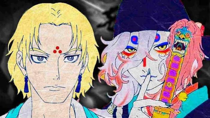 Mononoke III Movie: Two anime characters with distinct hairstyles and colorful clothing.