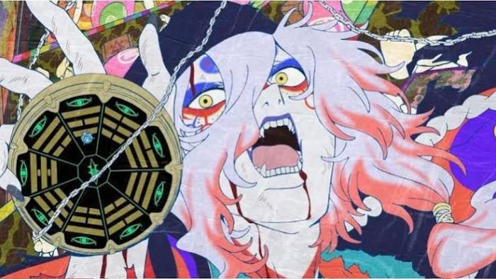 Mononoke III Movie: Colorful, chaotic anime character screaming with wide eyes and an open mouth.