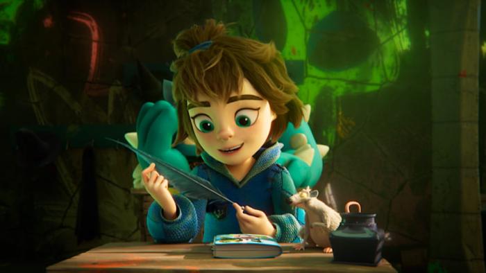 Monster Mia movie: Mia holds a feather pen