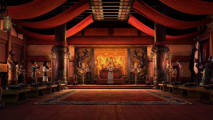 Mulan Princess Warrior Movie: Animated image of an Asian building with people inside. 