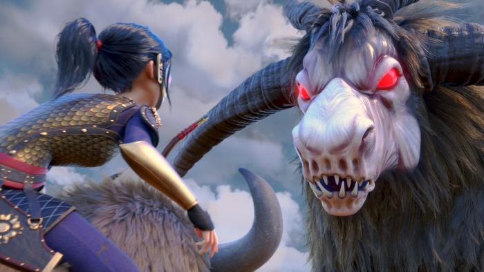 Heroes of the Golden Mask: A young girl with her back to the camera faces off against a giant monster with red eyes