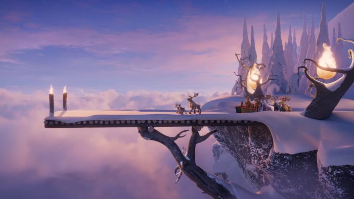 Niko — Beyond the Northern Lights: A group of reindeer stand on a ramp on a cliff's edge, where they prepare to undertake a series of challenges