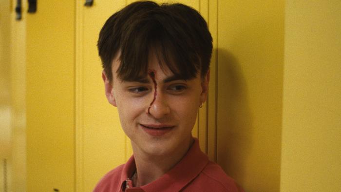 Our Hero, Balthazar movie: Jaeden Martell is the victim in a school shooting simulation, fake blood streaming down his forehead