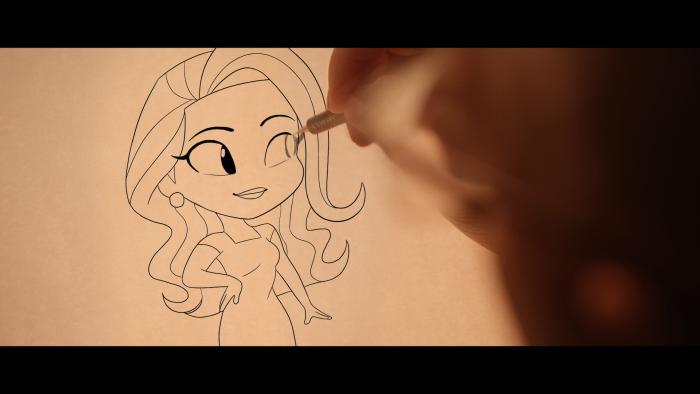 Still from Pencils Vs Pixels: The right hand of White veteran Disney animator Tom Bancroft draws an illustration of Asian actor Ming-Na Wen. The pencil sketch features the character's almond-shaped eyes, right hand positioned on the waist, and wearing a short-sleeved dress, earrings, and below-the-waist wavy and curly hair