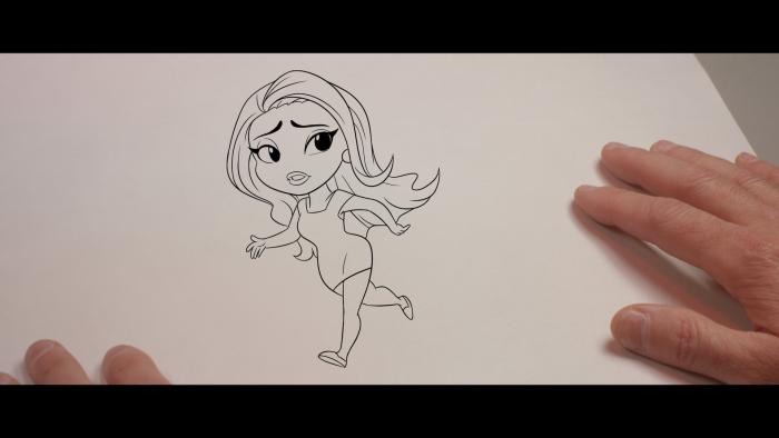Still from Pencils Vs Pixels: White veteran Disney animator Tom Bancroft's fingers seen partially on display of pencil illustration of Asian actor Ming-Na Wen while walking. The sketch features the character's almond-shaped eyes, wearing a short-sleeved dress, flat shoes, earrings, and below-the- waist wavy and curly hair