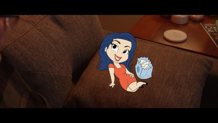 Still from Pencils Vs Pixels: Color version of White veteran Disney animator Tom Bancroft's pencil illustration of Asian actor Ming-Na Wen. The image features the character's black almond-shaped eyes, and wearing an orange short-sleeved dress, black flat shoes, light blue earrings, orange lipstick, and waist-length blue wavy and curly hair, while seated on a brown fabric sofa, with left hand placed on hip, next to a light blue bag of white popcorn