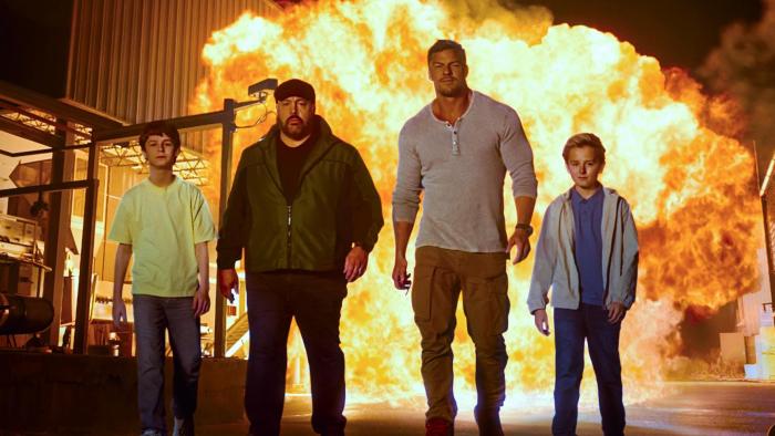 Playdate: Dads and sons walking away from an explosion.
