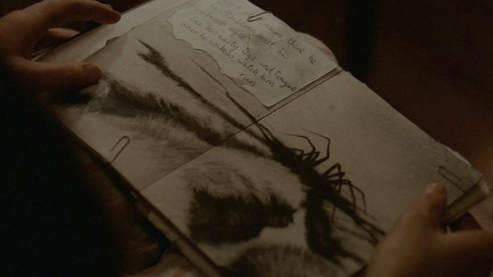 Possum: A pair of hands hold a storybook open at a page with a hand-drawn image of a large black spider-like creature