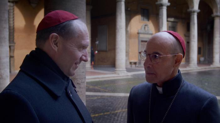 Conclave: Ralph Fiennes talking to Stanley Tucci