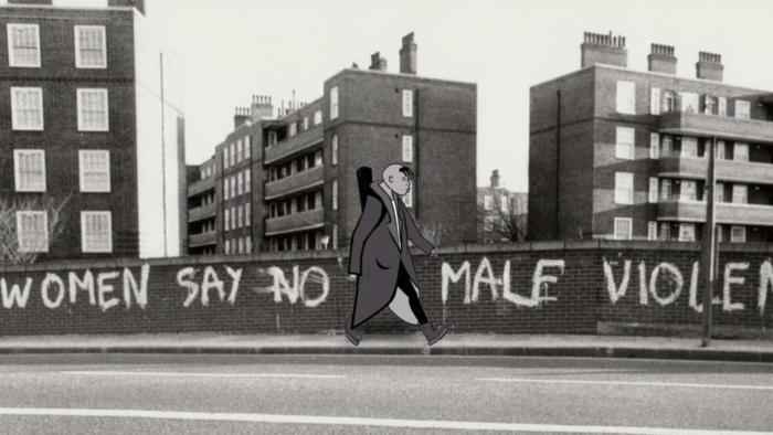Rebel Dykes: Animated figure walks past graffiti on a bridge that reads "women say no to male violence".