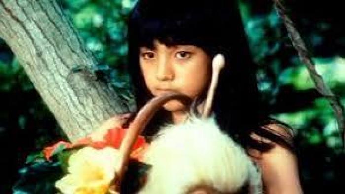 Rebirth of Mothra 2 Movie: Young girl holding flowers in a forest setting.