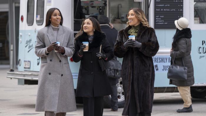 Relationship Goals movie: Robin Thede, Annie Gonzalez, and Kelly Rowland by a food truck.