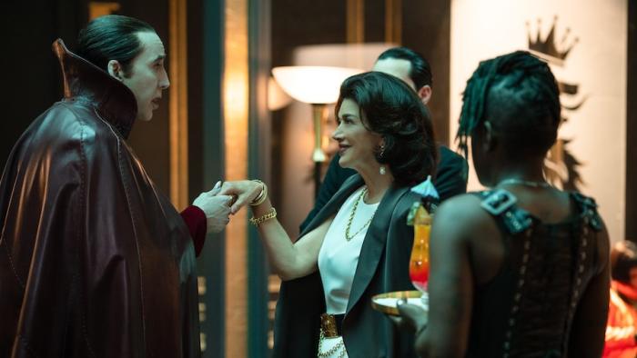 Renfield Movie: Dracula gently takes the hand of crime boss Bellafrancesca Lobo
