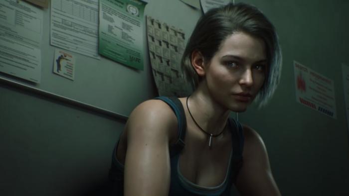  Resident Evil - Death Island: Jill Valentine crouches next to wall with notice board behind her.