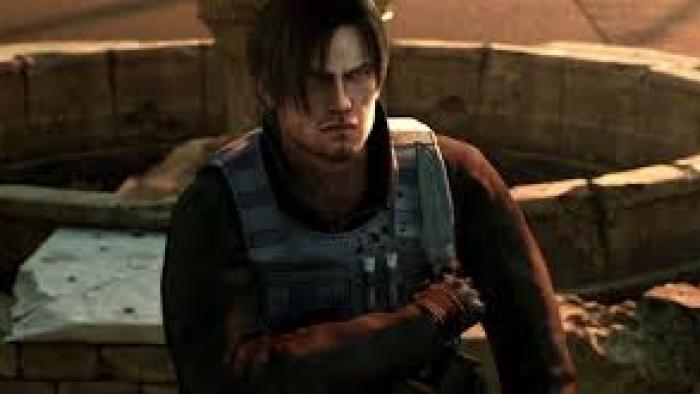 Resident Evil: Damnation: Young man with tactical gear in front of a stone fountain.