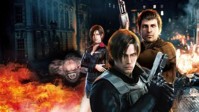 Resident Evil: Damnation: Three characters with guns stand amid flames and a dark urban backdrop.